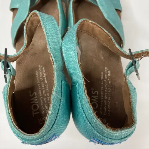 Toms  | Shimmery Aqua Cross Strappy Platform Cork Heels 9.5