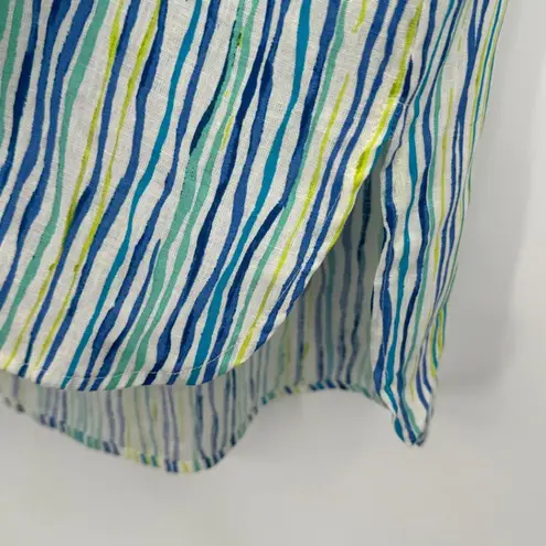 Cathy tunic M petite linen blend short tab sleeve zip front stripe beach resort Green Size M