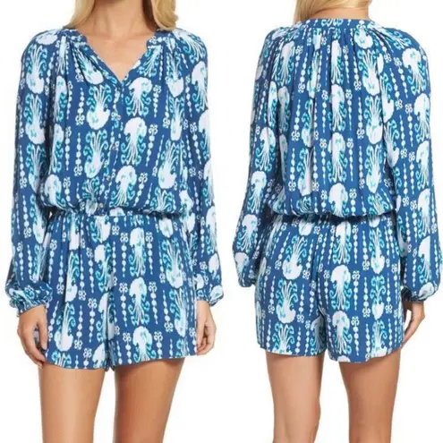 Lilly Pulitzer  Elsa Romper: Indigo/Get In Line Jellyfish Blue White - Image 2