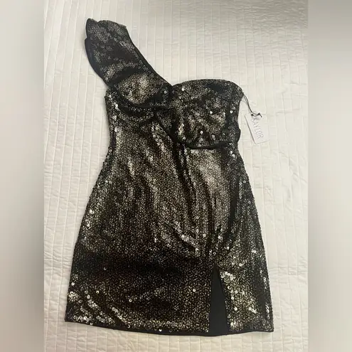 Saylor Black and Gold One Shoulder Sequined Mini Dress NWT