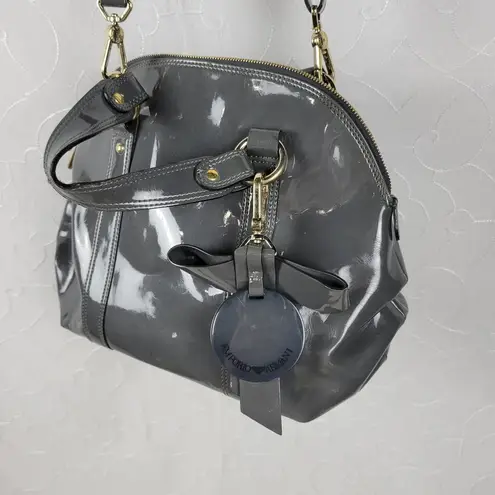 Emporio Armani Womens Tote Satchel Crossbody Bag Gray Patent Leather Handbag Bow