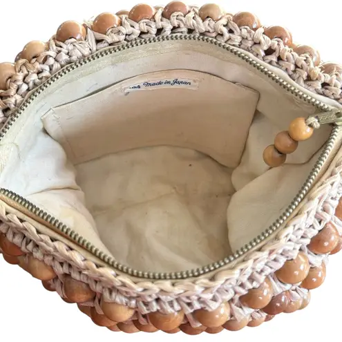 Vintage Beaded Handbag Natural Wood Raffia Woven Made in Japan Brown BOHO Retro Tan