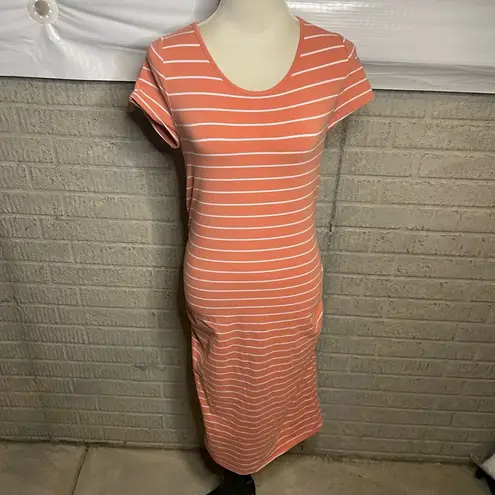 Isabel Maternity Coral White Striped Short Sleeve Midi Dress Size Medium