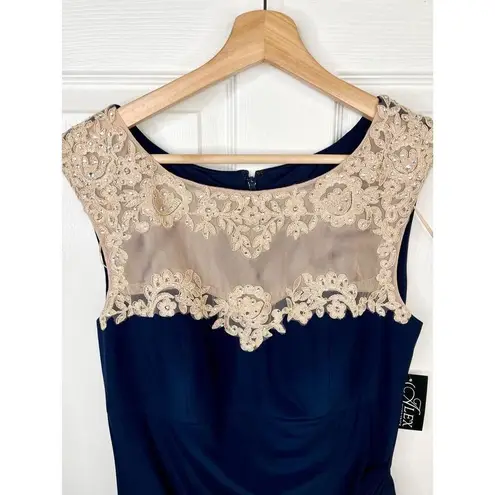 Alex Evenings Navy Blue Crepe Side Ruched Dress Sweetheart Lace Illusion Sz 10 - Image 3