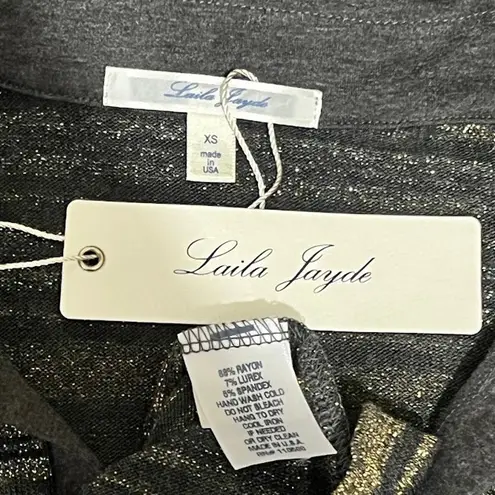 Laila Jayde (XS) Shimmer Stripe Collar Long Sleeve High Low Metallic Knit Top Black