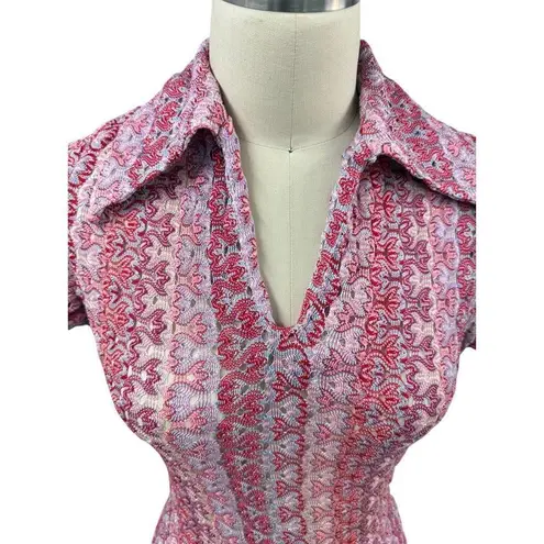 VTG 70s Miss Fashionality Red/ Multi Flame Stitch Stretch Top Big Collar Large Red