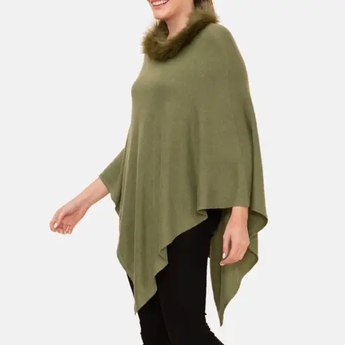NWT La Marey 100% Cashmere Poncho Sweater Faux Fur Trim One Size Olive Green NEW