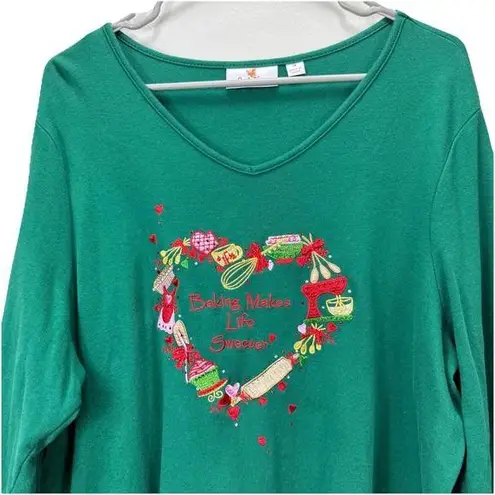Quacker Factory Green Rhinestone Embroidery Baking Life Sweeter Knit Top Size 1X
