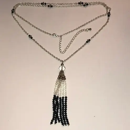 Elegant Black and Silver Tone Boho Fringe Tassel Beaded Necklace