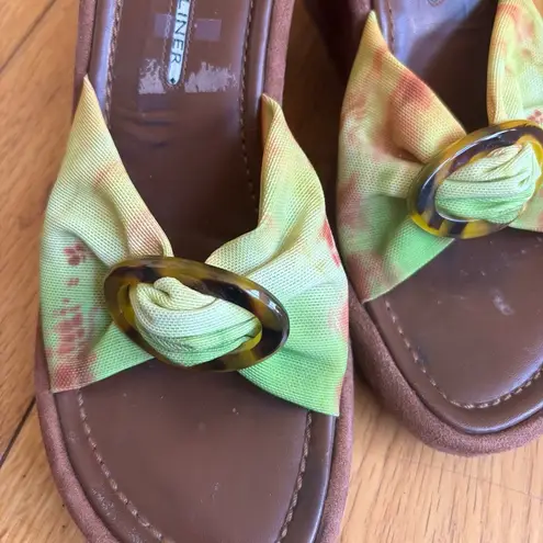 Vintage Green Tie Dye Mesh Knit Platform Wedge tortioise buckle & suede heel Brown Size 7.5