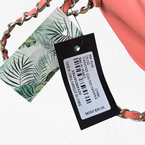 Badgley Mischka Coral Pink Quilted Diamond Pearl Crossbody Camera Bag Purse