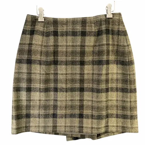 Max Mara Weekend Wrap Mini Skirt 12 Khaki Wool Glen Plaid Winter Dark Academia Tan