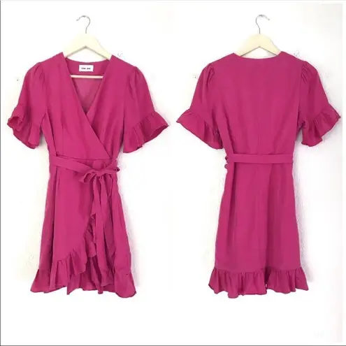 Line and Dot Cherie Mini Wrap Dress Ruffle V-Neck Short Sleeve Fuchsia Pink Medium