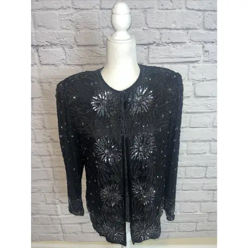 Brilliante By J.A. Women's 100% Silk Beaded Sequin Vintage Evening Jacket Small Black