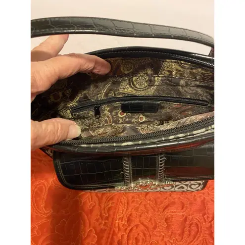 Faux Alligator & Fabric Handbag, Embossed Hearts Blackw/ Silver Heart Accents