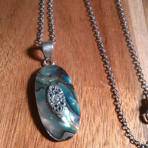 Floral Design Abalone Sterling Silver Pendant Stainless Steel Necklace