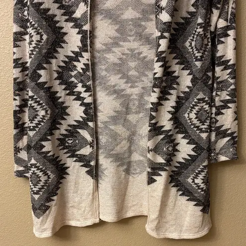 Moa Moa MEDIUM Geometric Open Front Hooded Cardigan Sweater Cream Black Gray