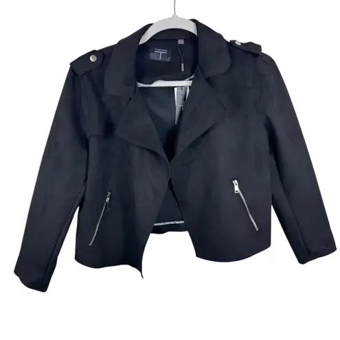 Tahari NWT Black Faux Suede Cropped Collared Stretch Open Moto Jacket Size XL