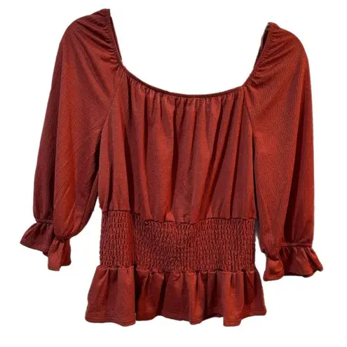 New MERAKI Orange Boho Blouse Women’s Top Button Accents Cinched Waist Sz M Size M