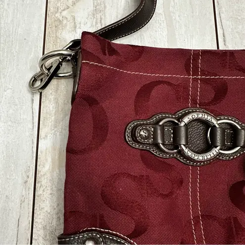 Elegant Sarah Caperelli Burgundy Crossbody Bag Dark Brown Trim Silver Hardware Red