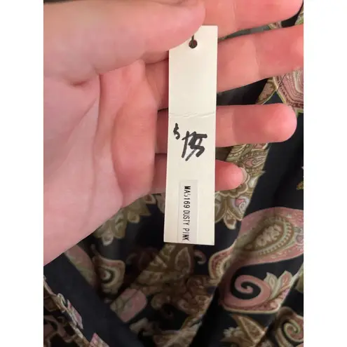 Miss Avenue Paisley Long Sleeve Maxi Dress L Black Pink Sheer Wrap Kaftan Style