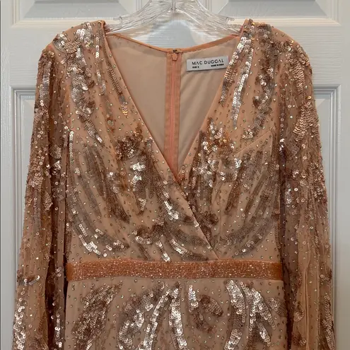 Mac Duggal NWT 5222 Rose Gold Sequined Faux Wrap Split Long Sleeve Gown Size 8