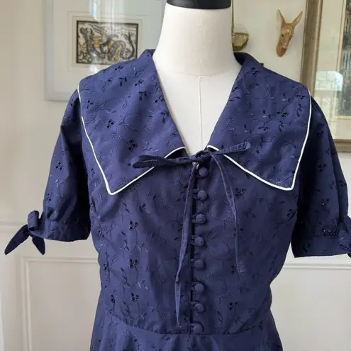 NWT British Retro Florence Navy Broderie Anglaise 50s Style Dress UK 14 US 10 Blue
