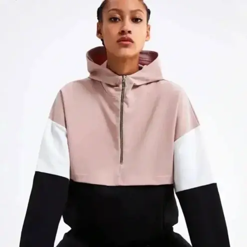 ZARA  Pink Black White Color Block Lightweight Hoodie Sweatshirt Pullover Size S
