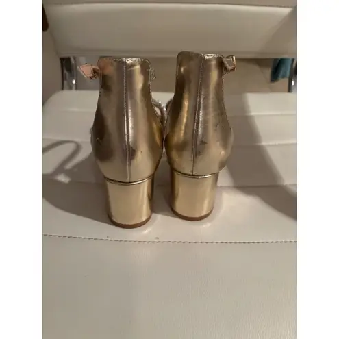 Amoji Womens Gold Rhinestone Block Heel Ankle Strap Sandals Size 37 US 6.5