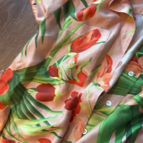 Carolina Herrera Shell Pink Tie Waist Floral Midi Shirt Dress