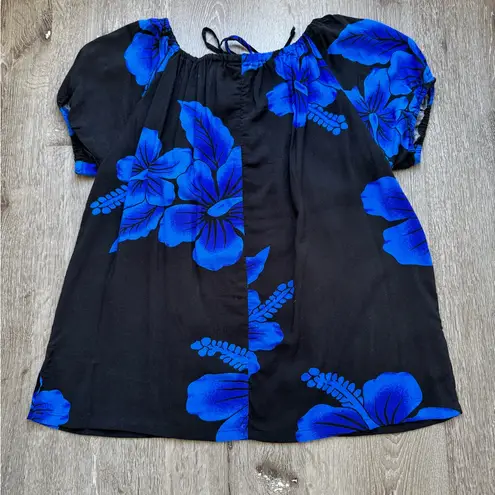 Aloha Hut Hawaii Hibiscus Top Black Blue Floral Rayon Peasant Small