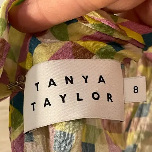 Tanya Taylor Women’s High Neck Tie Keyhole Geometric Pattern Silk Sleeveless Top