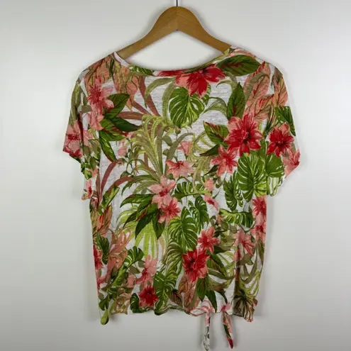 J Jill Love Linen Tropical Floral Tie Front Top Size LP Resort Lightweight Beach Green