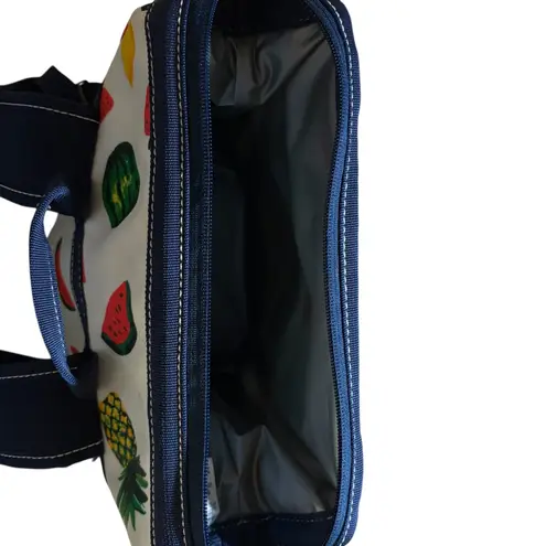 Lands End Large Canvas Coated Fruit Print Backpack Navy Trim Insulated CoolerBag Blue