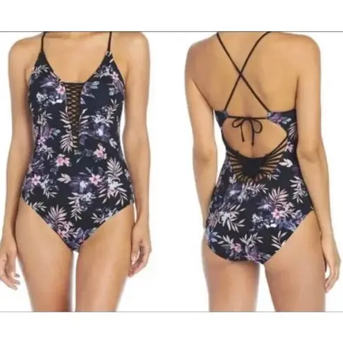 Ambrielle | NWT | Medium | One Piece Swimsuit Black Pink Silver Floral Pattern
