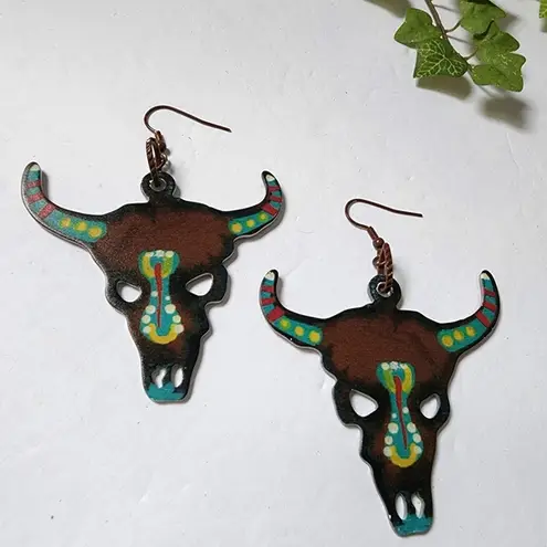 Western Boho Bull Longhorn Skull Metal Earrings Brown