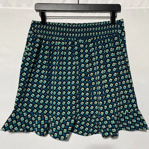 Band Of The Free New Diamond Print Ruffle Mini Skirt Colette Black Teal Sz Large
