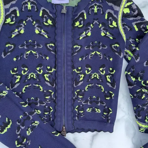 Herve Leger blue animal print front zip cropped cardigan jacket size S small