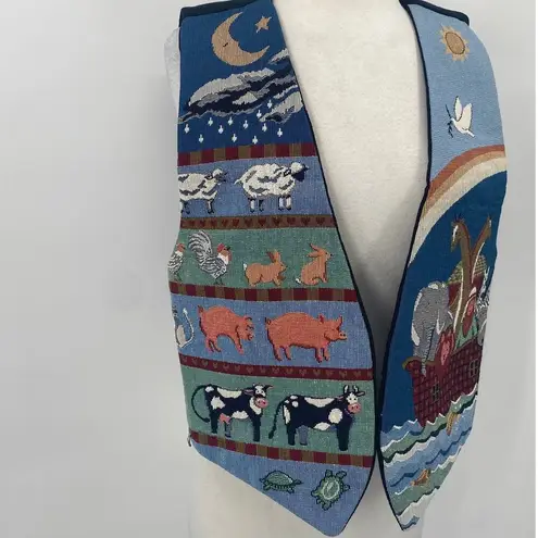 Vintage Noahs Ark Needlepoint Embroidered Animals Vest Open Front Blue Womens L Size L