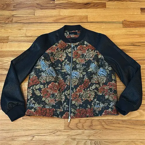 Karen Millen Floral Jacquard Print Bomber with Textured Dot Sleeves Sz 12
