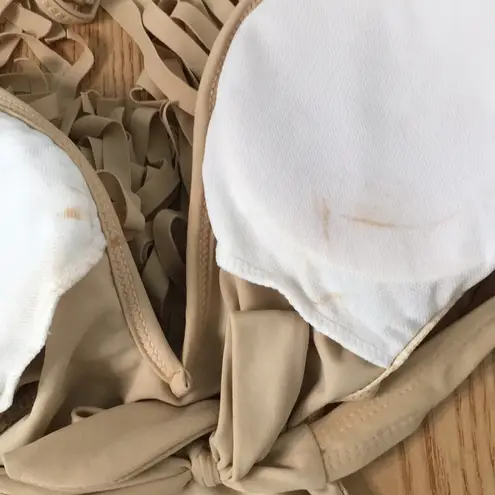 B44 Womens 1pc Low Plunge Fringed Swimsuit Padding Tan Beige Light Khaki Small - Image 6