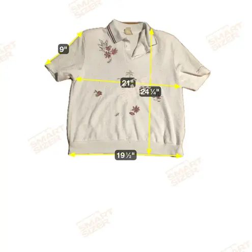 Teddi White Textured Polo Shirt, Women's Large Embroidered Tropical Island Scene