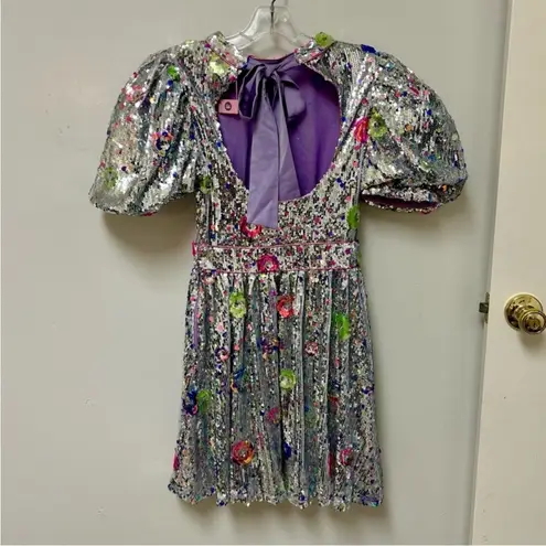 CeliaB Wonderer Silver Sequins Floral Statement Puff Sleeves Mini Dress NEW XXS