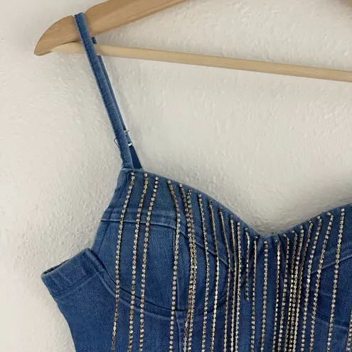 Haute Monde Y2K Vibes Blue Denim Cowgirl Western Rhinestone Fringe Crop Bustier Tank Top