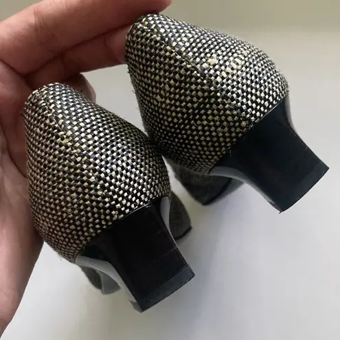 Salvatore Ferragamo black woven bow low stacked slip on heels, size 6