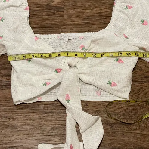 Love & Piece Strawberry Printed 5/8 Sleeve Waist Tie Crop Top White Pink Large