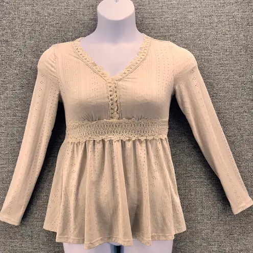 Vintage Etherial Tunic Blouse Medium 90s Boho Flowy Knit Lace Whimsy Stretchy Tan