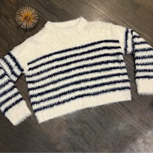 La Ligne x Target Eyelash Knit Striped Crewneck Cropped Sweater Small Blue - Image 3