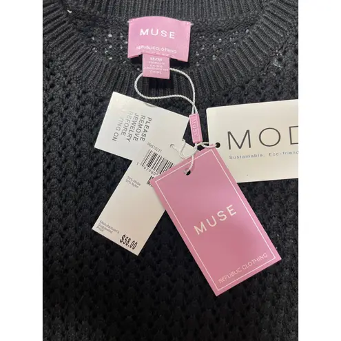 NEW Muse Black Crochet Knit Crewneck Short Puff Sleeve Crop Sweater Top Size M Size M