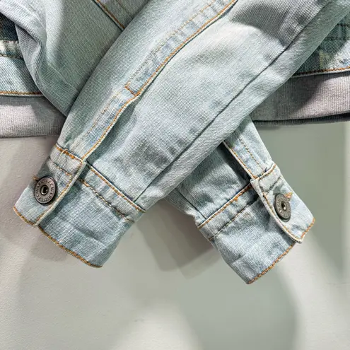 Z Cavaricci Size XS Distressed Cropped Denim Jacket Sweatshirt Removable Hoodie Blue